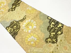 服部織物製　道長取に草花・荒波・色紙散らし模様織出し袋帯